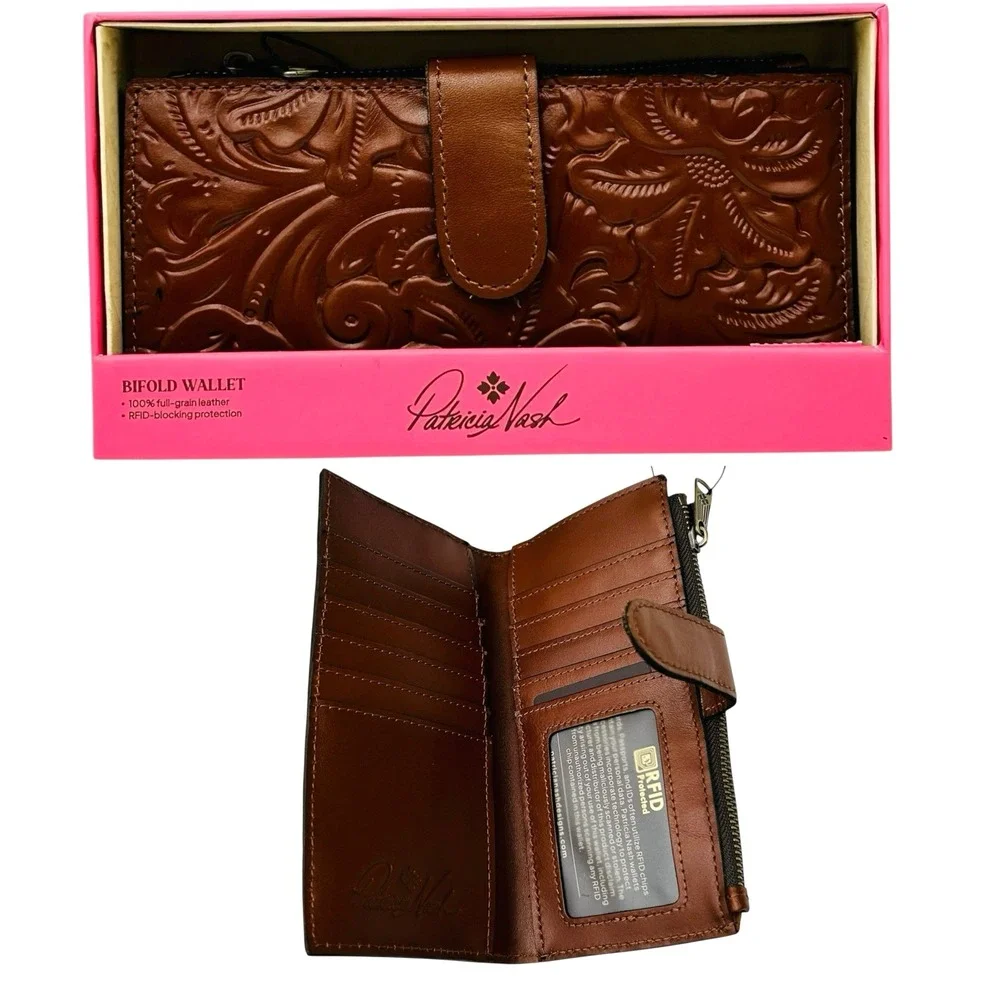 Patricia Nash Nazari Tooled Leather Bifold Wallet Florence Tan Brown Print RFID